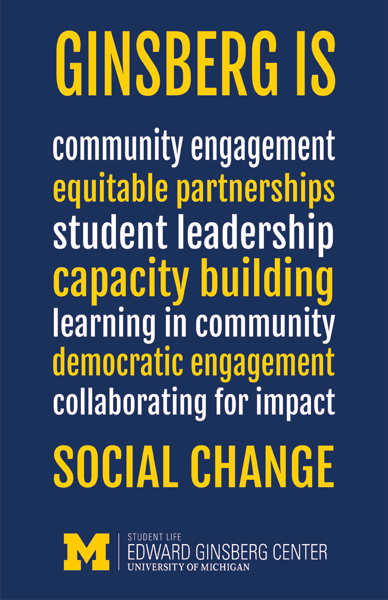 Ginsberg is community engagement equitable partnerships student leadership capacity building learning in community democratic engagement collaborating for impact social change