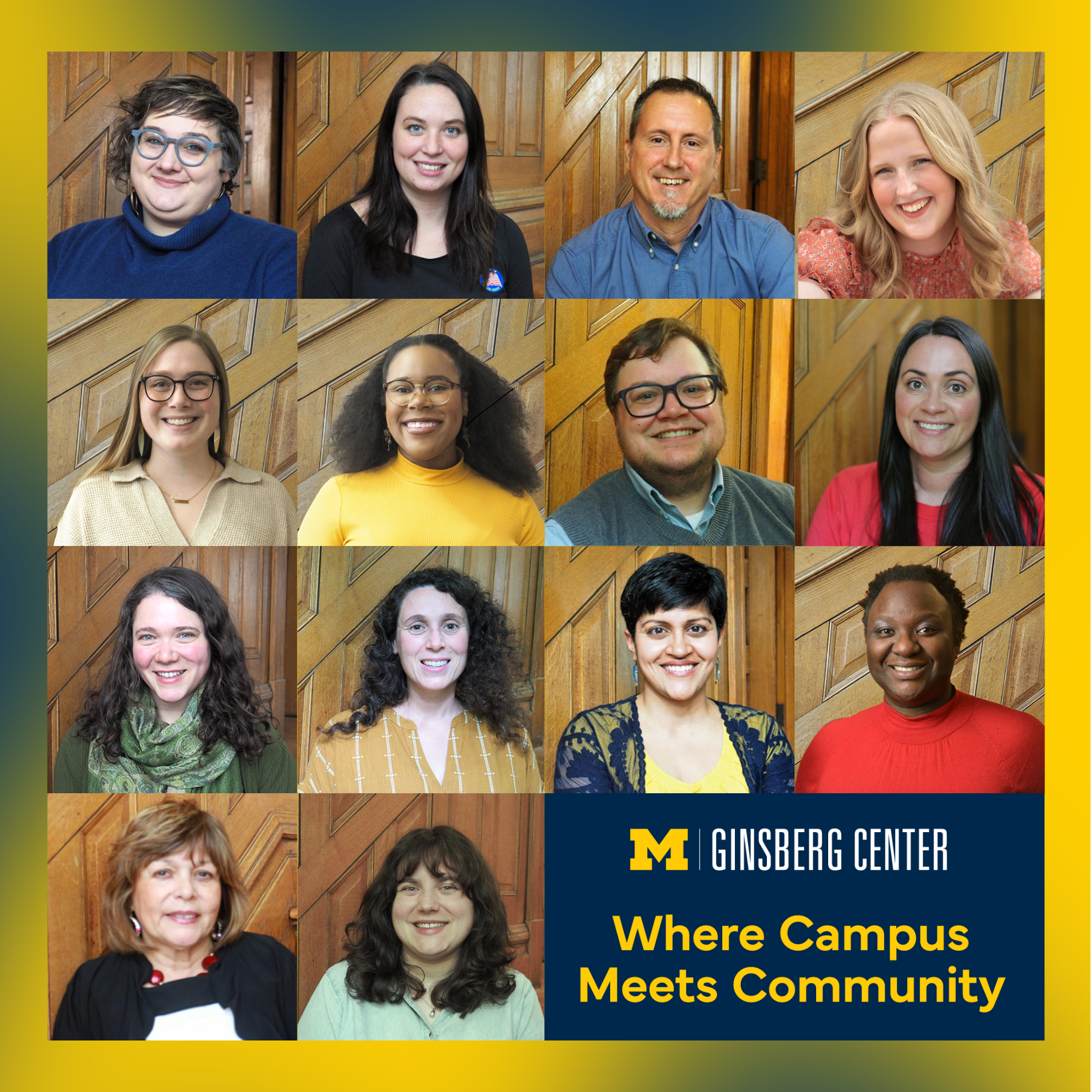 14 headshots in a grid with the words 'Ginsberg Center' and 'Where Campus Meets Community' in bottom right corner