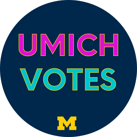 navy blue circle with UMICH in pink and VOTES in turquoise with block M logo below