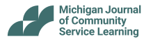 dark teal curved shapes on left. the words Michigan Journal fo Community Service Learning in 3 rows next to shapes
