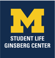 Block M on navy background with words Student Life and Ginsberg Center in white letters below the M