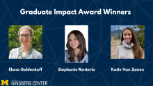 Image with a navy blue background featuring the headshots of award winners Elana Goldenkoff, Stephanie Renteria, and Katie Van Zanen.