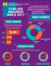 purple background with orange bar chart: $8640 for CEG, $3540 for ABG and $3000 for DDD, a donut chart that shows the percentage of projects focused on each pathway, and 3 donut charts showing the geographic focus of grants (mostly local)