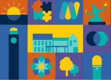 mosaic of graphic images of ypsi water tower, spirit of detroit statue, Ann Arbor clock tower, overlapping trees, puzzle pieces, sunrise, with a profile of a wide building in the Center. 