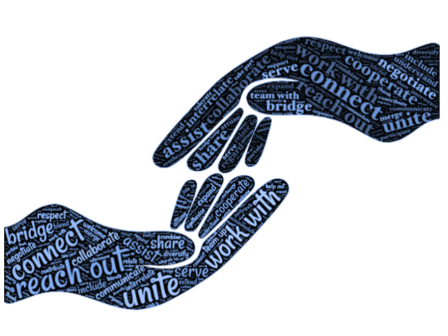 image of two blue hands reaching for each other filled with words in different fonds: connect, unit, reach out, work with, negotiate