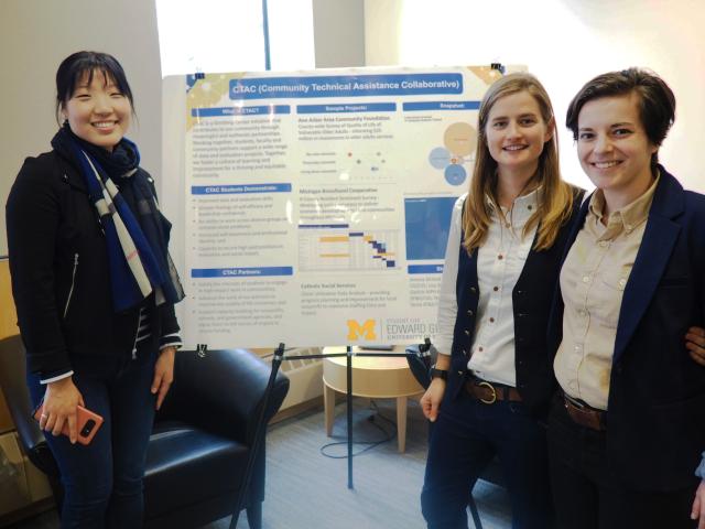 A group of three students stand in front of a poster displays information about the Community Technical Assistance Collaborative