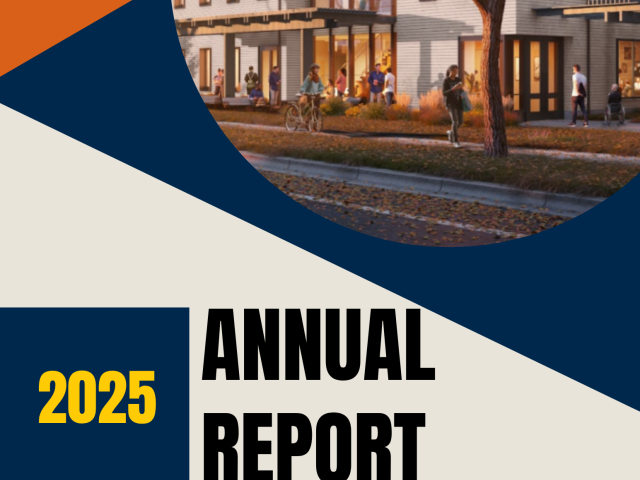 The cover of the 2025 Annual Report for the Ginsberg Center features a photo of a modern building with students walking and biking outside, framed by geometric shapes in maize, blue, and orange. At the bottom, the University of Michigan’s block “M” logo appears alongside the text “Student Life Edward Ginsberg Center, University of Michigan.”