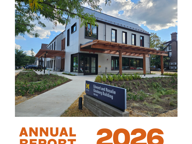 two story building with blue sky and clousd above on white background words "annual report 2026" in orange block letters below
