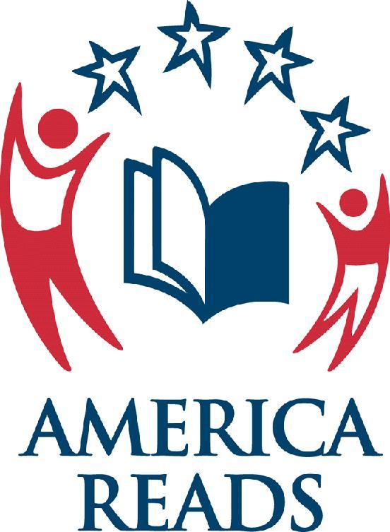 America Reads logo of a cartoon book, with two figures and four stars surrounding it, and the words America Reads = in Read and Blue