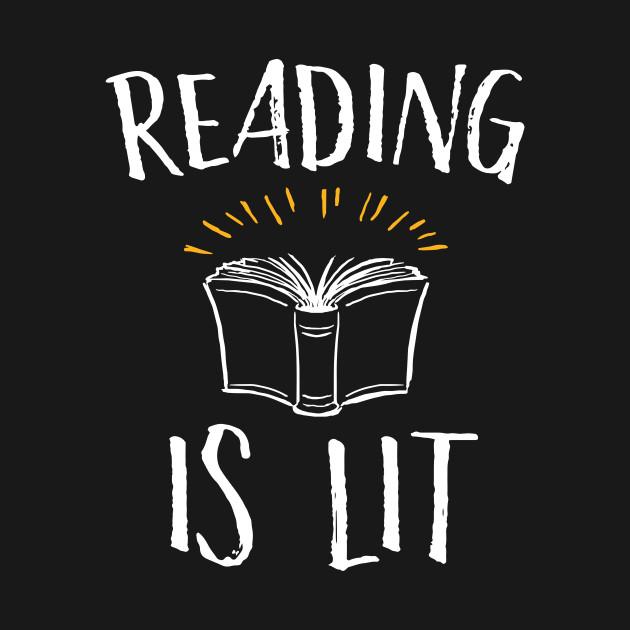 Words 'Reading is' in white lettering above graphic of open book  with word 'Lit' below book image with black background