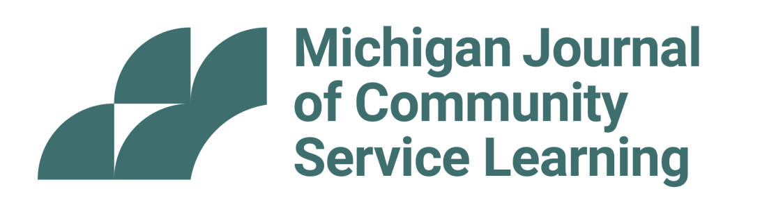 dark teal curved shapes on left. the words Michigan Journal fo Community Service Learning in 3 rows next to shapes