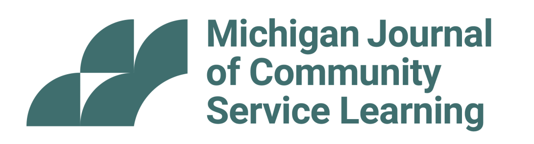 examples of action research proposals dark teal curved shapes on left. the words Michigan Journal fo Community Service Learning in 3 rows next to shapes