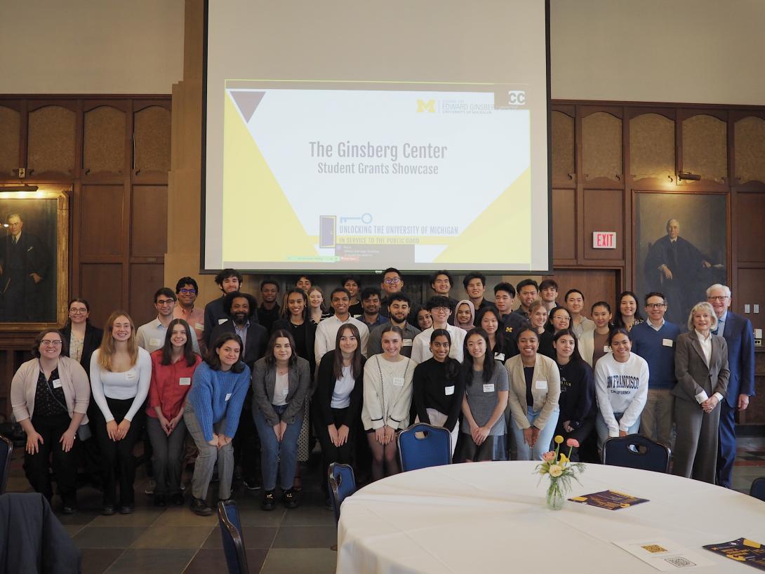 Image of the Ginsberg Center student grantees with Bill and Inger Ginsberg on the far right.