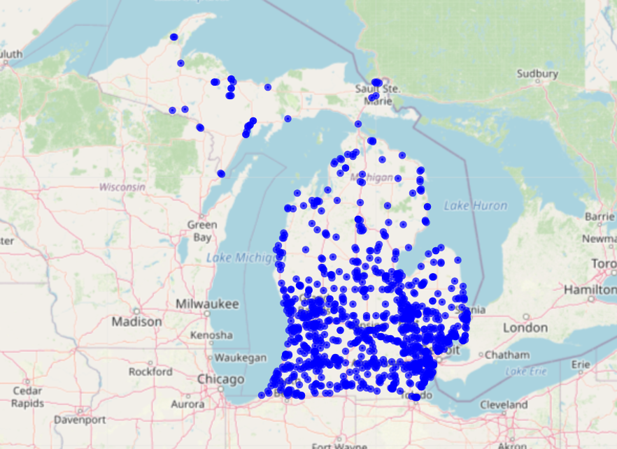 Digital map of Michigan that visualizes the manufactured housing communities that exist across the state.