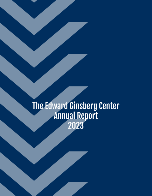 navy backgroun with light blue arrows pointing down with the words 'The Edward Ginsberg Center' 'Annual Report' and '2023' below in white 