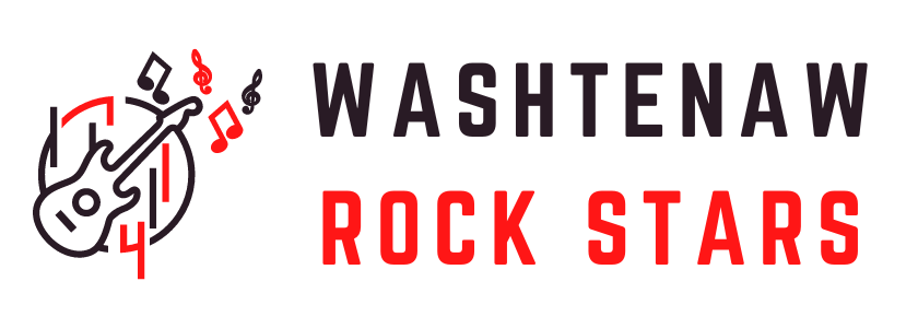 the word washtenaw in black letters above the words 'Rock Stars' in red to the left of a drawing of a guitar with musical notes around it