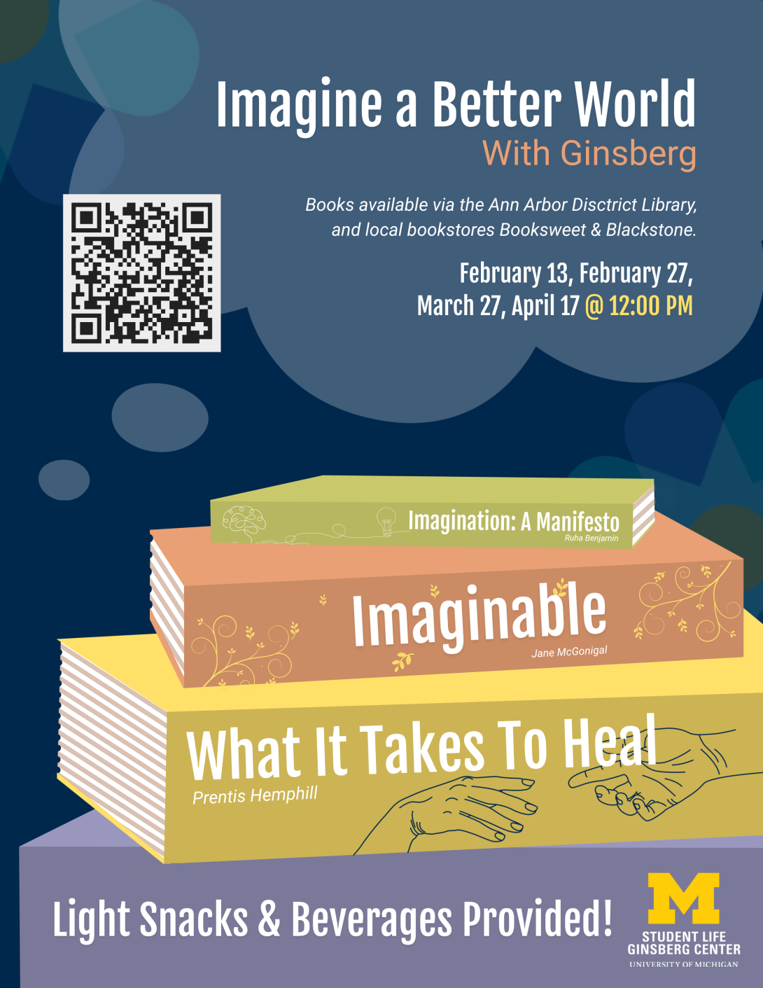 stack of books on blue background with light blue thought bubble with the words 'imagine a better world with Ginsberg'