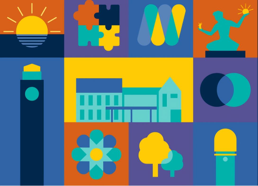 mosaic of graphic images of ypsi water tower, spirit of detroit statue, Ann Arbor clock tower, overlapping trees, puzzle pieces, sunrise, with a profile of a wide building in the Center. 